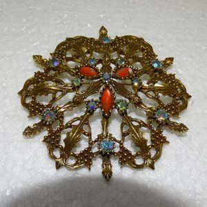 EMMONS GUILDED GOLD ETCHED STAR-BURST BROACH & PENDANT